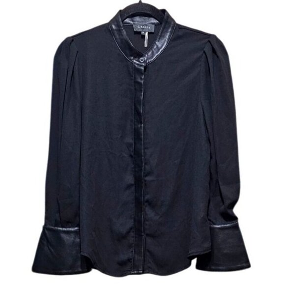 Gracia Black Button-Up Top With Faux Leather Details & Flared Sleeves - Size S - Picture 1 of 12